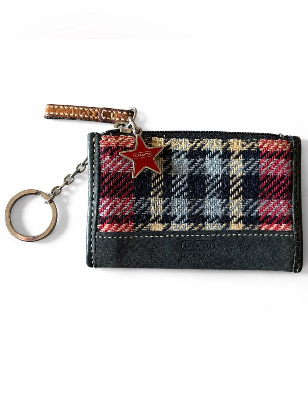 Coach Vintage 100% Wool Star Keychain Blue Red Plaid Coin Purse Mini Skinny
